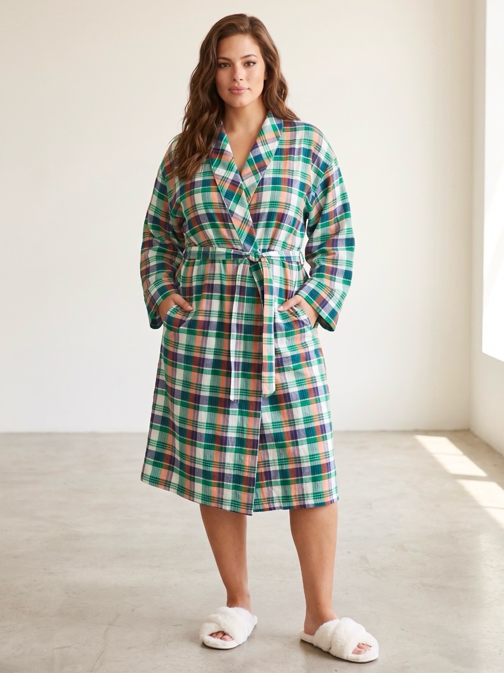 🌻NWOT Vermont Country Store Women's Plaid Cotton Flannel Robe Wrap Belted 3X